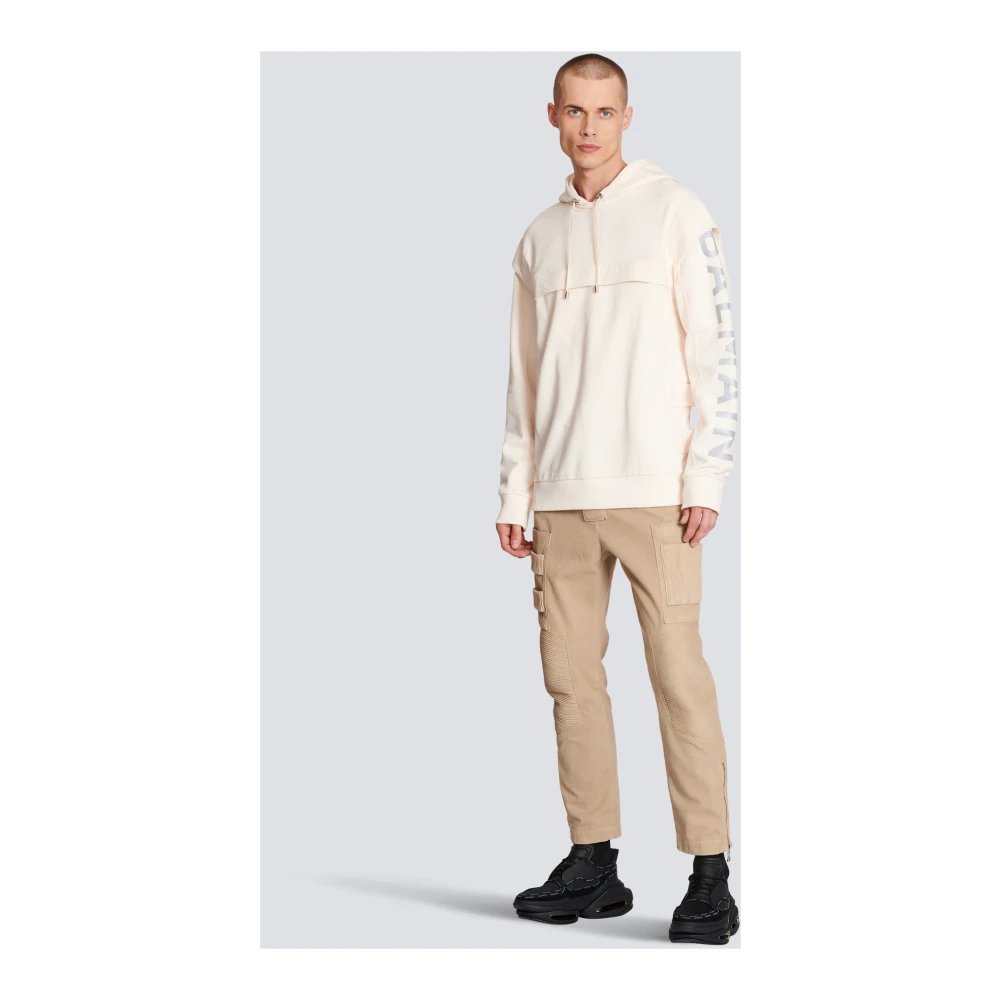 Balmain Katoenen bedrukte logo-hoodie Beige Heren