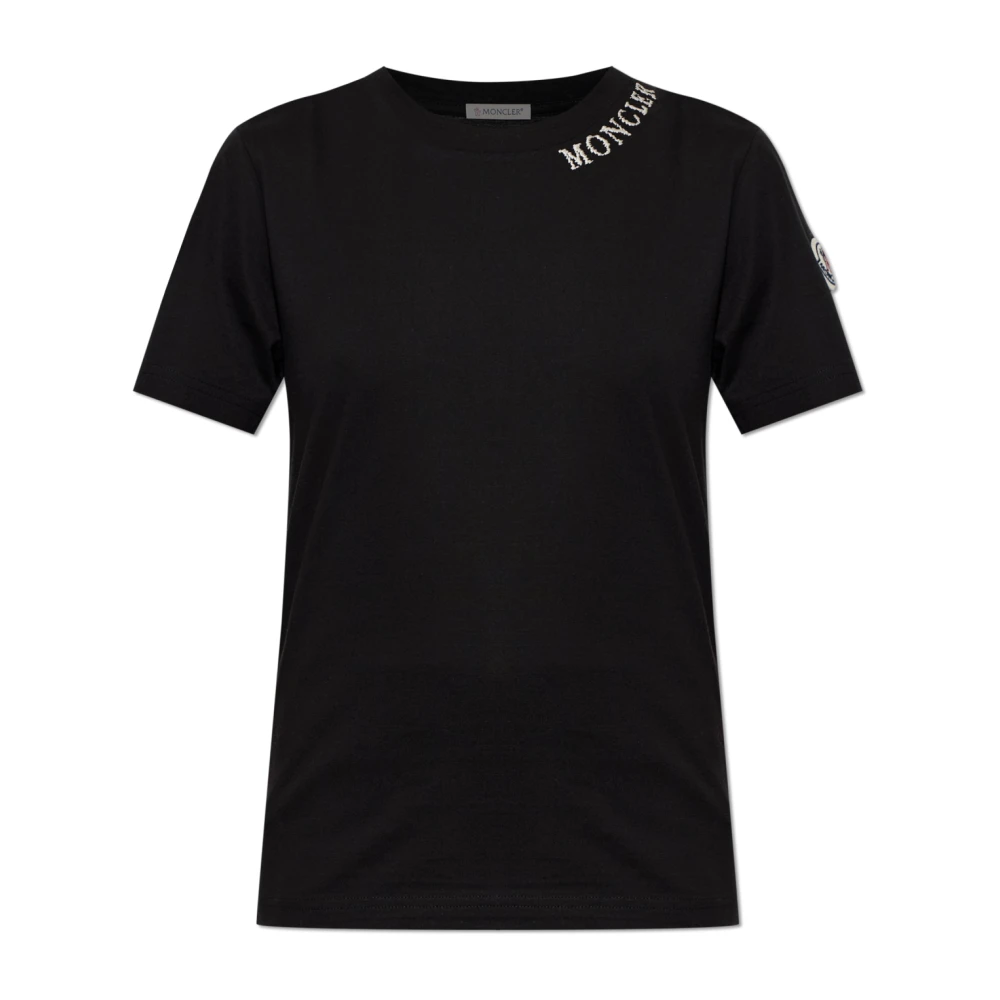 Moncler Black T-Shirts, Female, S, T-Shirt With Embroidered Logo