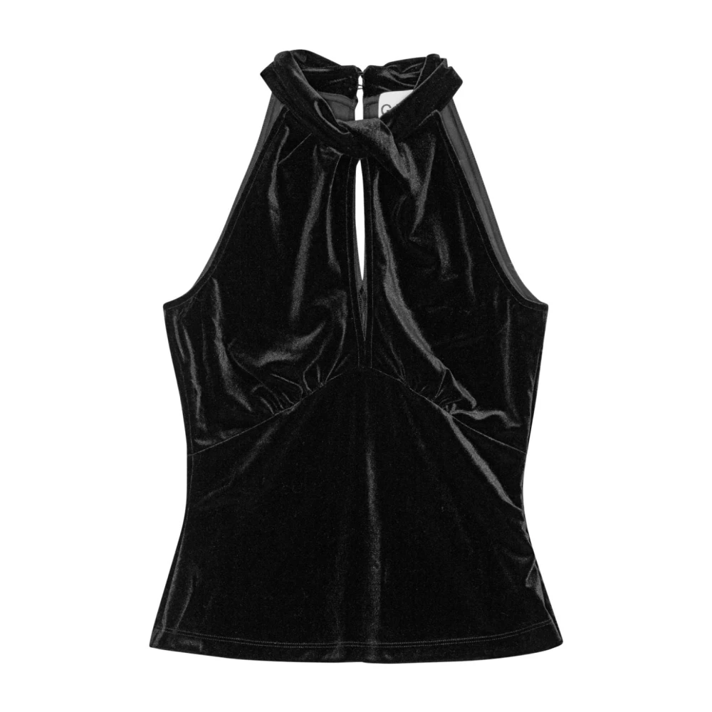 Ganni Fluwelen Halternek Top met Sleutelgat Hals Black Dames