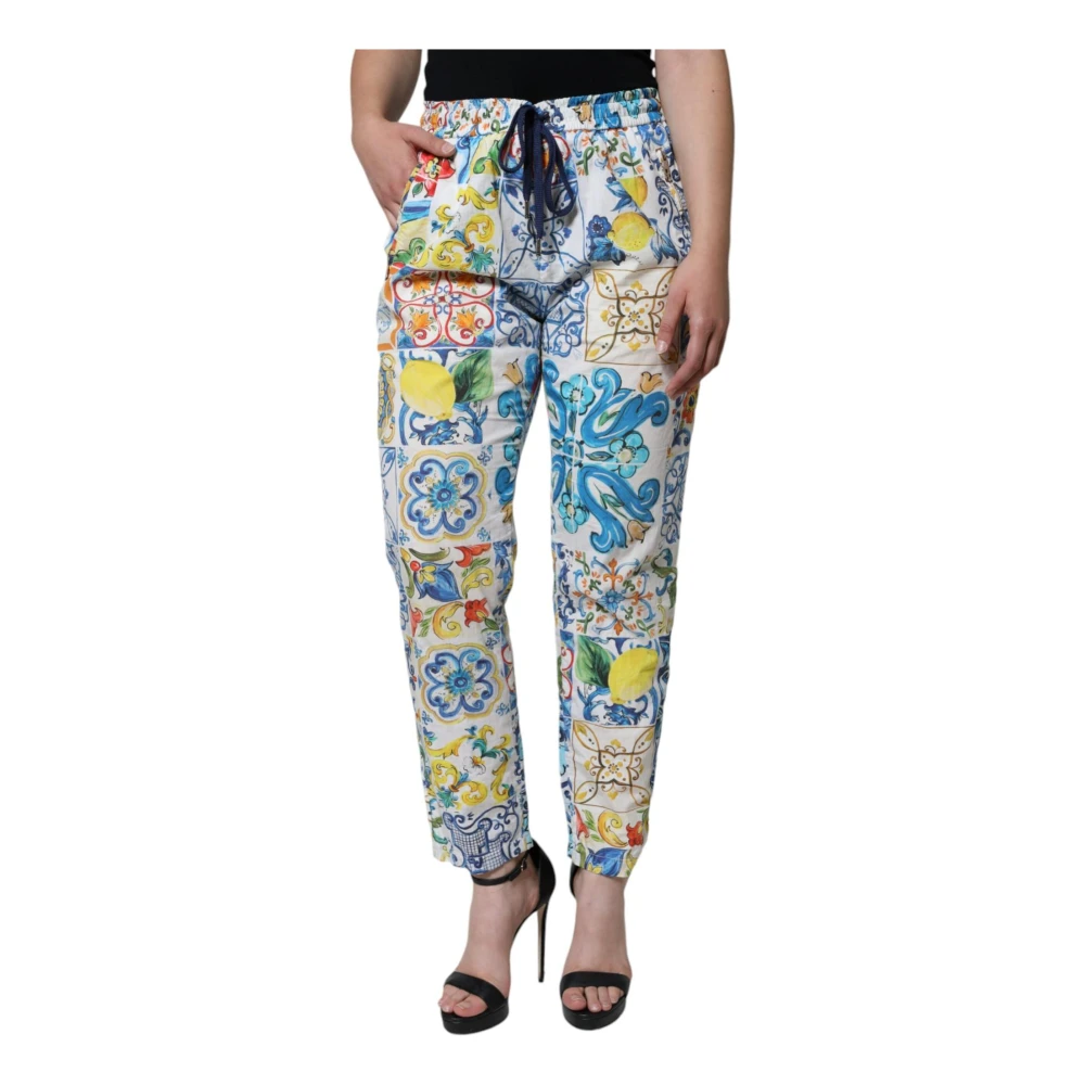 Dolce & Gabbana Majolica Print Jogger Broek Wit Katoen Multicolor Dames