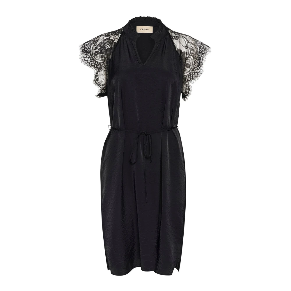 Cream Black Lace Dress With V-Neck And Waist Tie - Female - Short Dresses - 3XL - Dresses