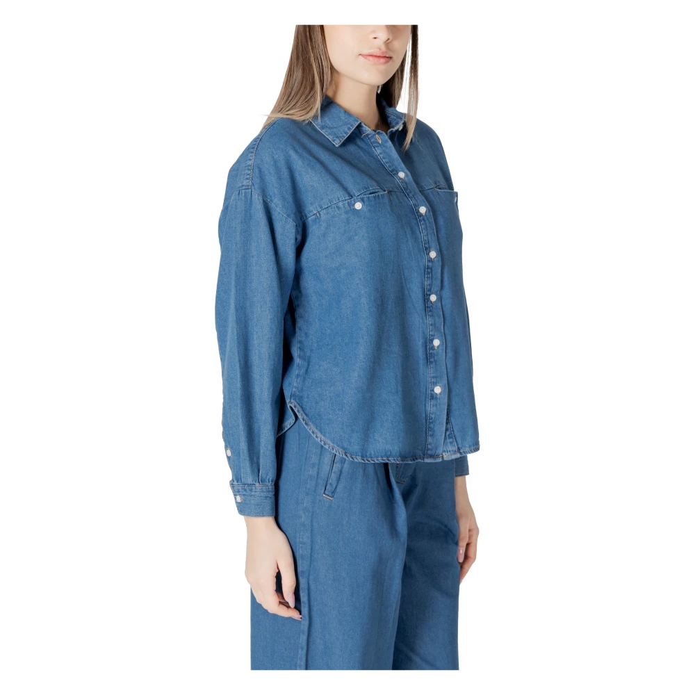 Ichi Blauw Katoenen Knoopshirt met Zakken Blue Dames