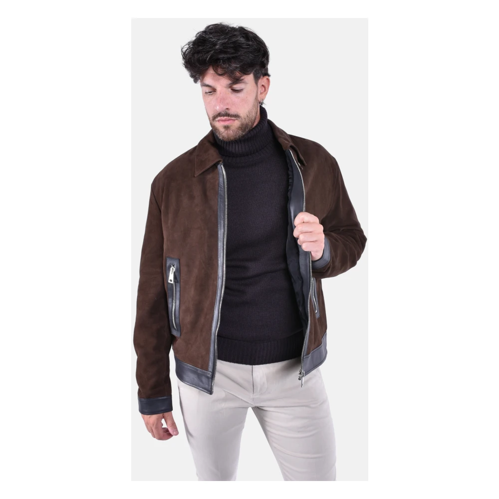 Dondup Leren Bikerjack met Overhemdkraag Brown Heren