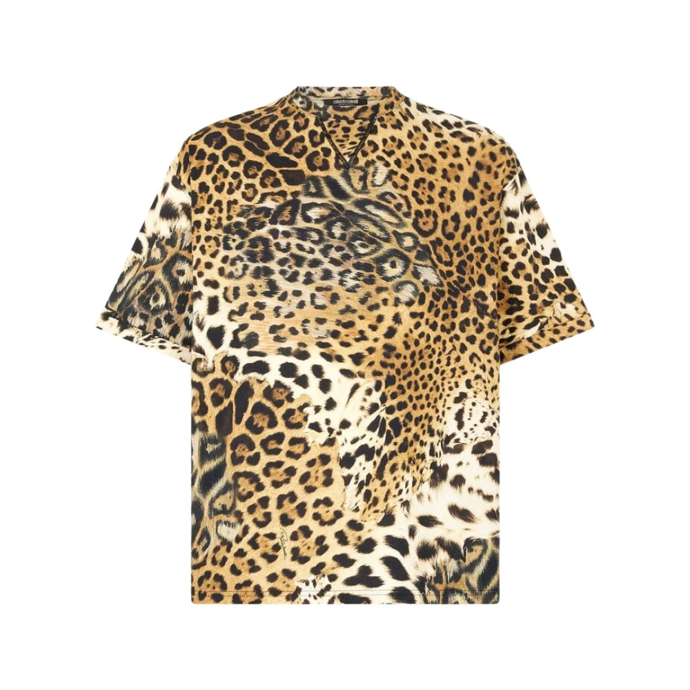 Roberto Cavalli Leopard Print Cotton T-Shirt - Male - T-Shirts - Brown - L - Tops