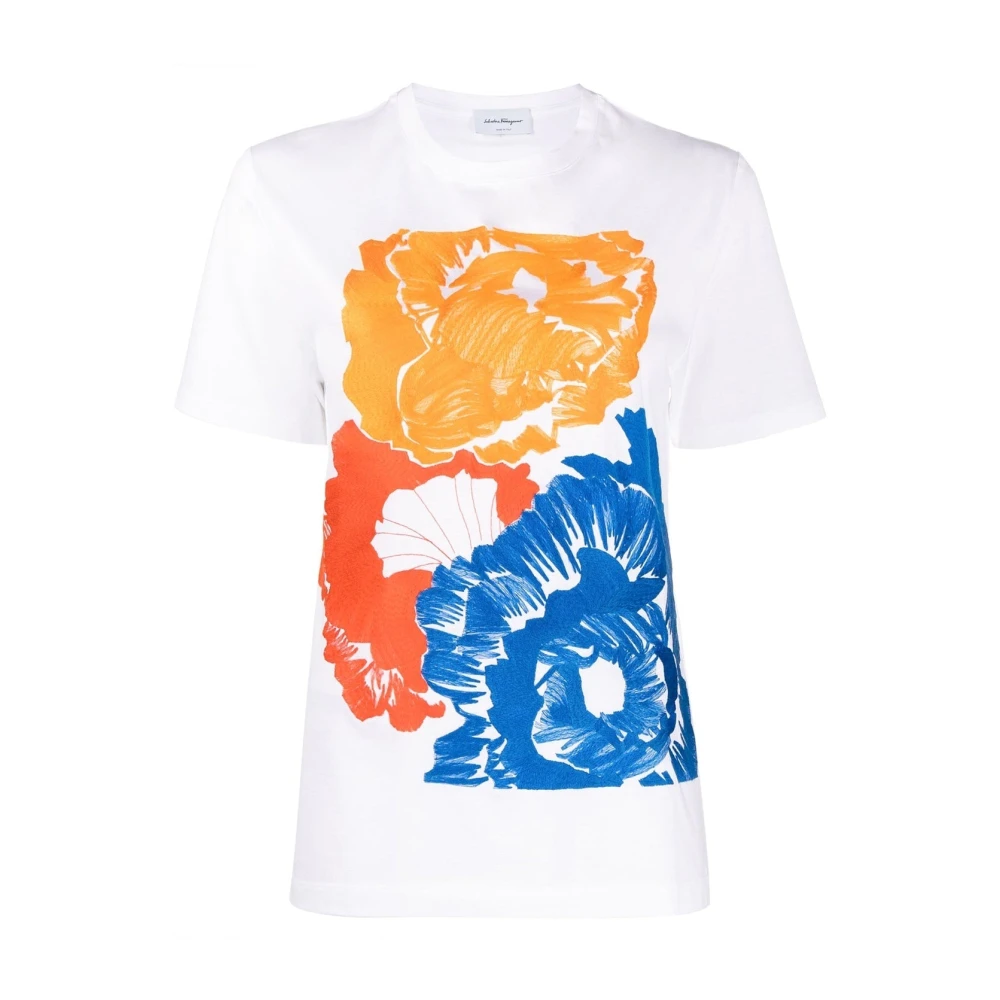 Salvatore Ferragamo Bloemen Geborduurd Katoenen T-shirt White Dames