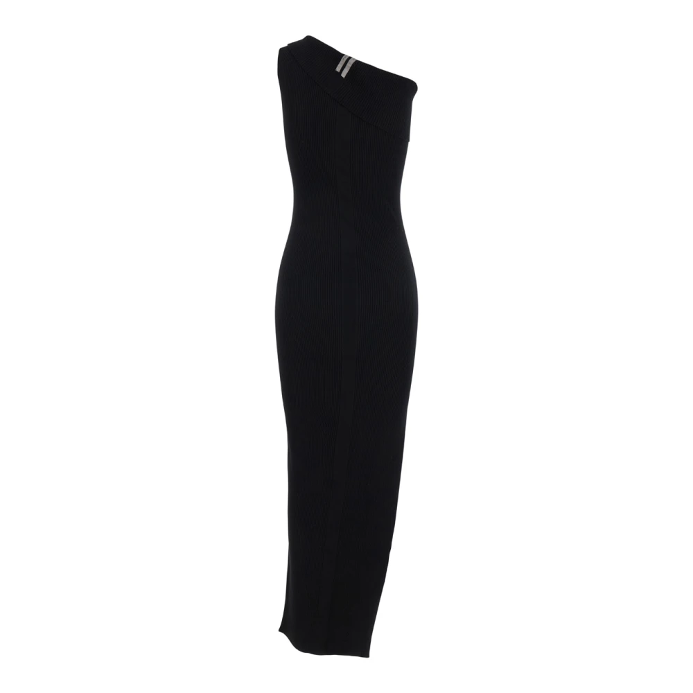 Rick Owens Zwarte Eén-Schouder Ribgebreide Jurk Black Dames