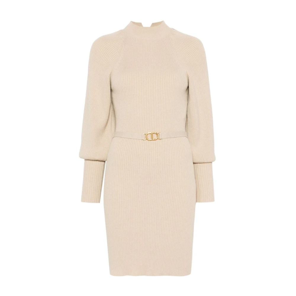 Twinset Geribbelde gebreide jurk met riem Beige Dames