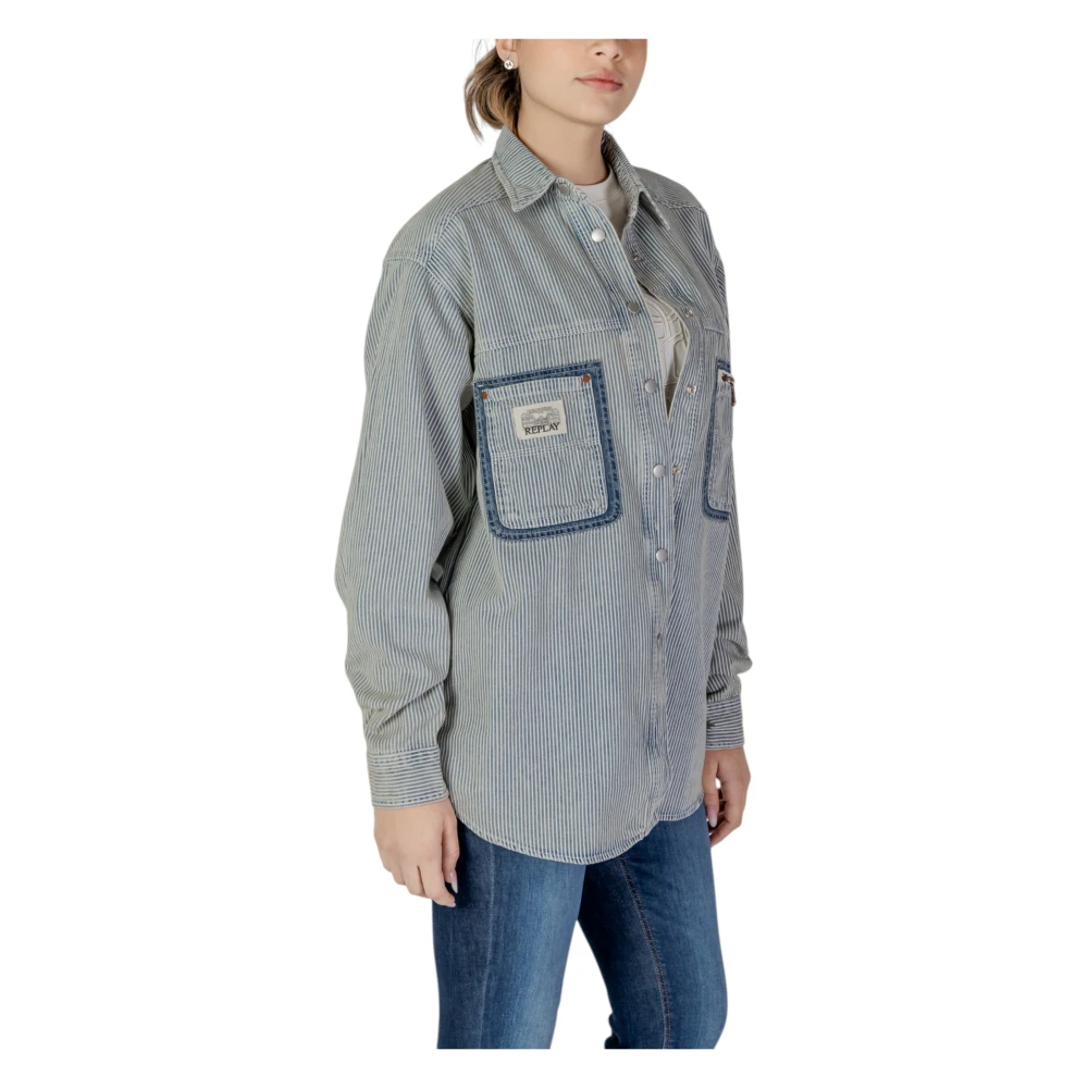 Replay Blauw Pinstripe Katoenen Shirt met Lange Mouwen Blue Dames