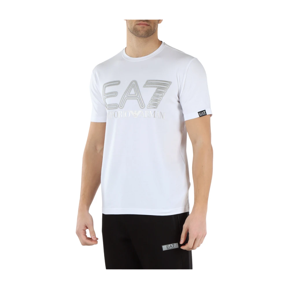 Emporio Armani EA7 Stretch Katoenen T-shirt met Reliëf Logo Print White Heren