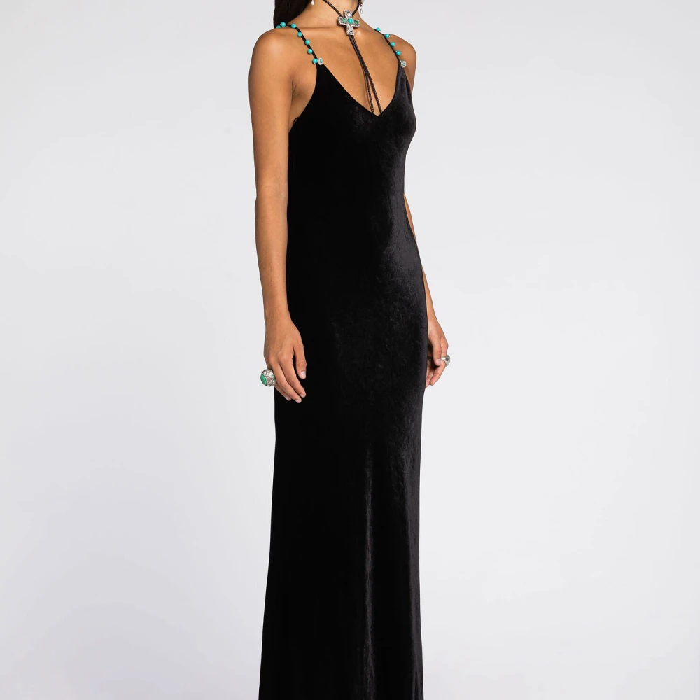 Roberto Cavalli Fluwelen Slip Jurk met Kralenbandjes Black Dames
