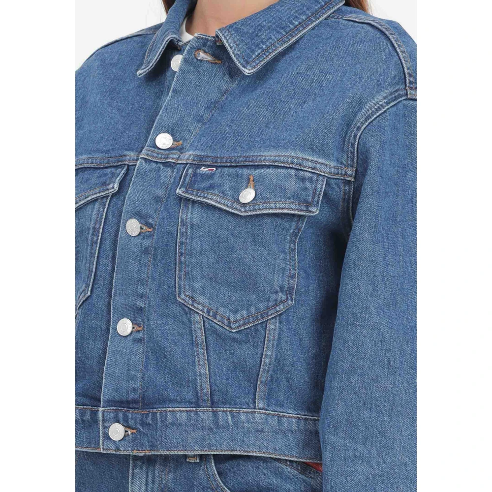Tommy Jeans Blauwe Denim Trucker Jack met Color Block Motief Blue Dames