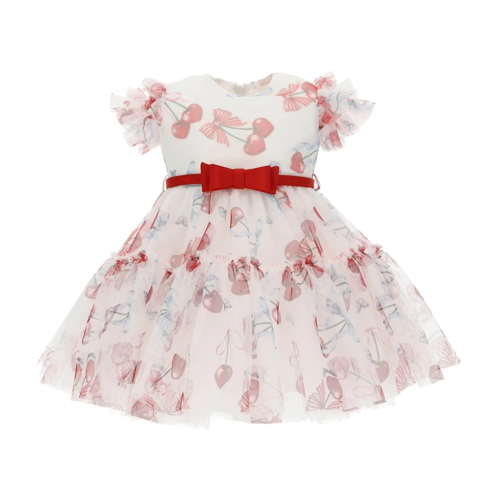 Monnalisa Girls Multicolor Dresses, 3 M, Abito Bianco In Tulle Stampato