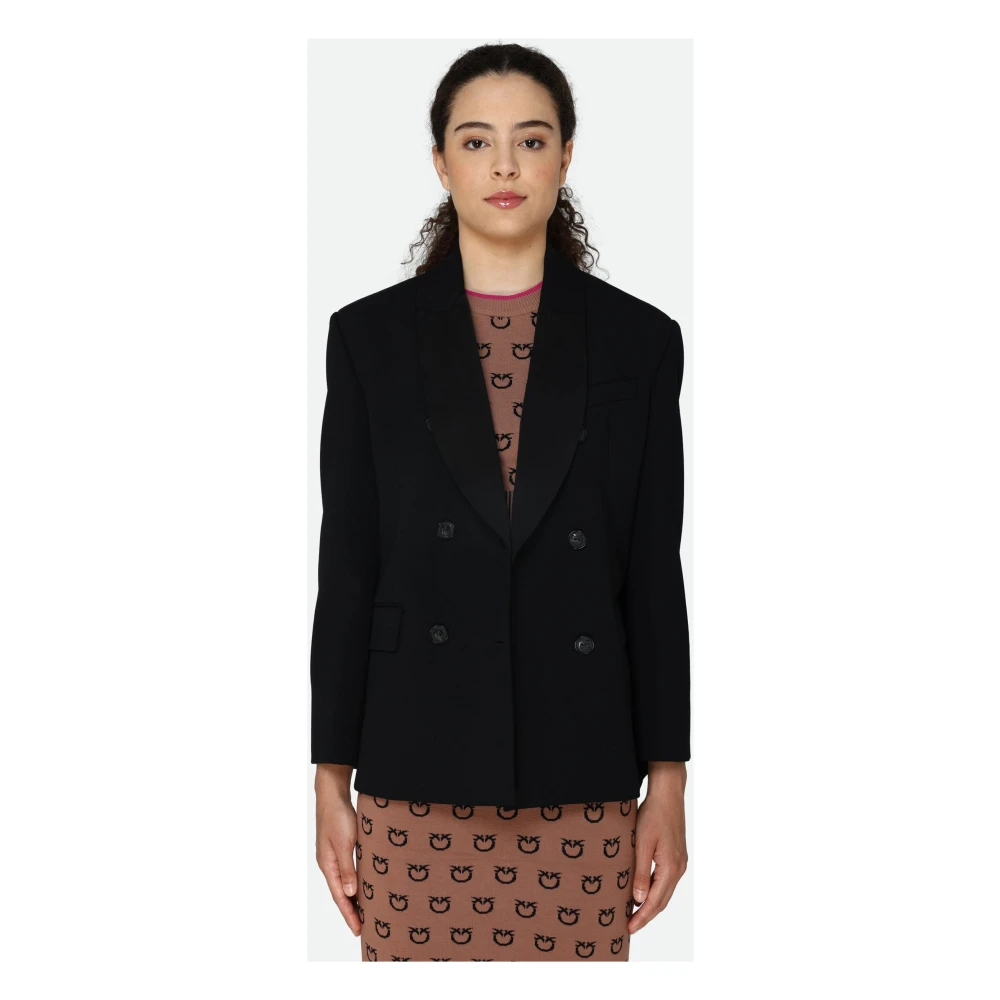 pinko Zwarte Wol Twill Double-Breasted Jas Black Dames