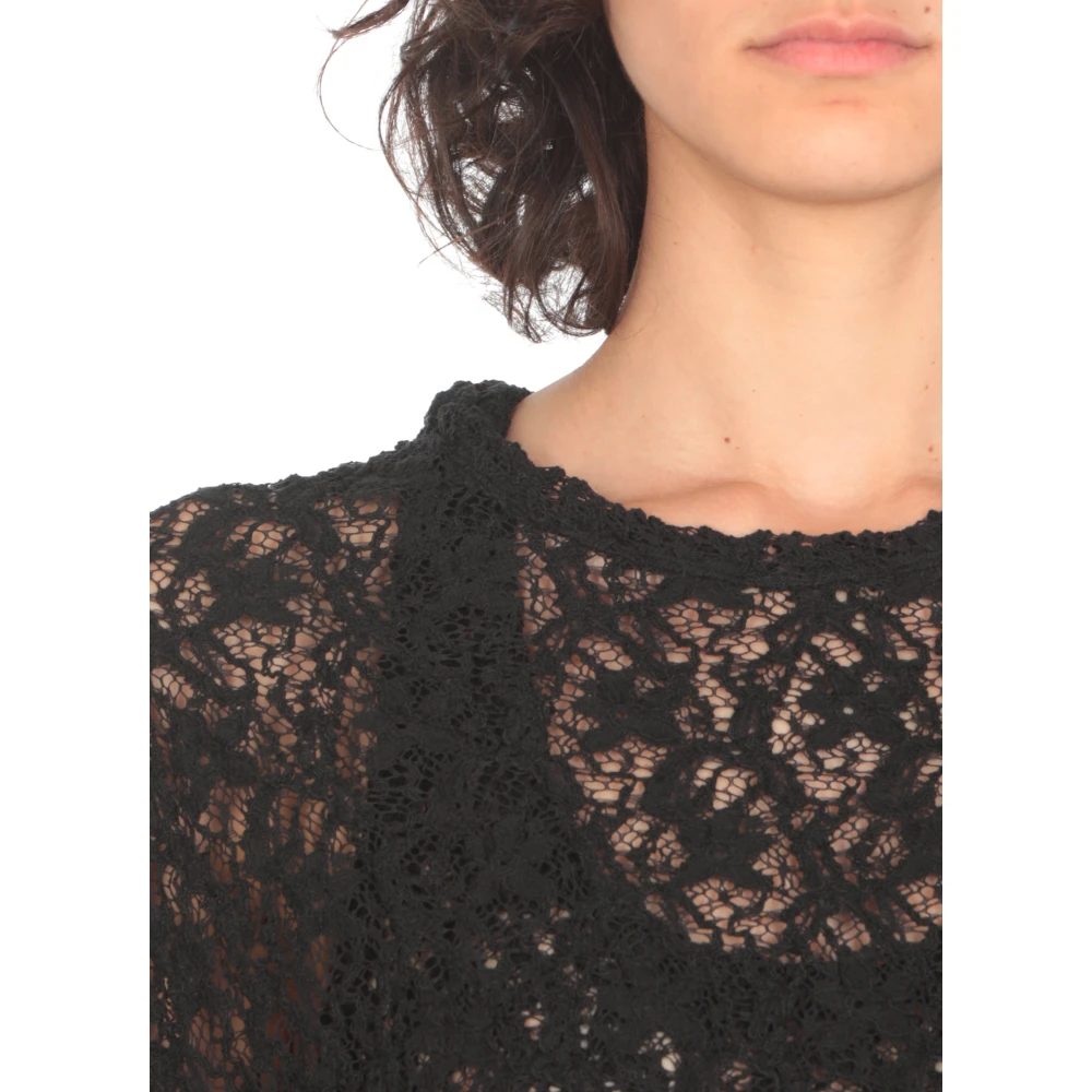 Jil Sander Zwart Kant Top Ronde Hals Korte Mouw Black Dames