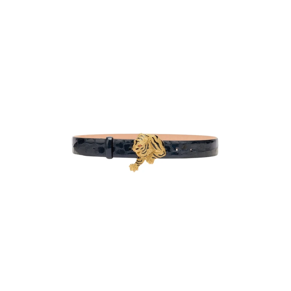 Roberto Cavalli Women's Blue Crocodile Bejeweled Tiger Leather Belt