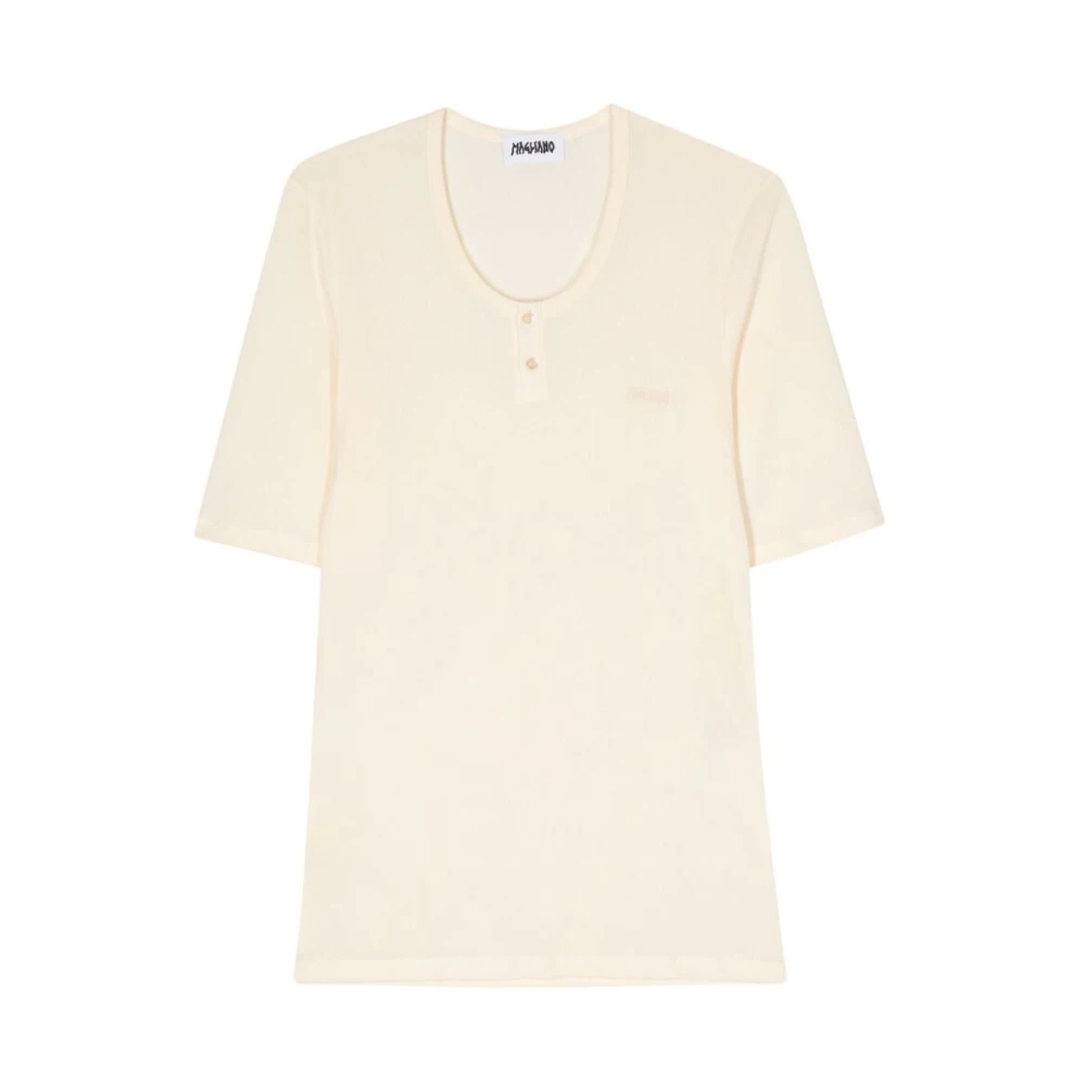 Magliano Gele Geribbelde U-Hals T-Shirt Beige Heren