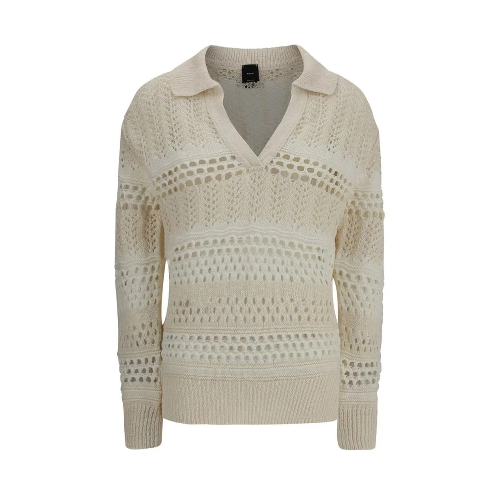 pinko Geperforeerde V-hals trui met geribbelde zoom White Dames