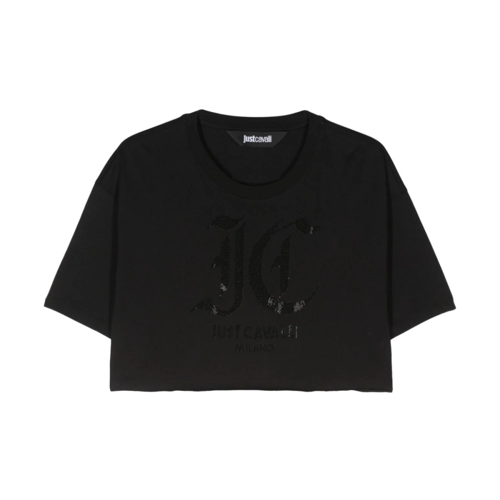 Just Cavalli Zwart Rhinestone Logo Crew Neck T-shirts Black Dames