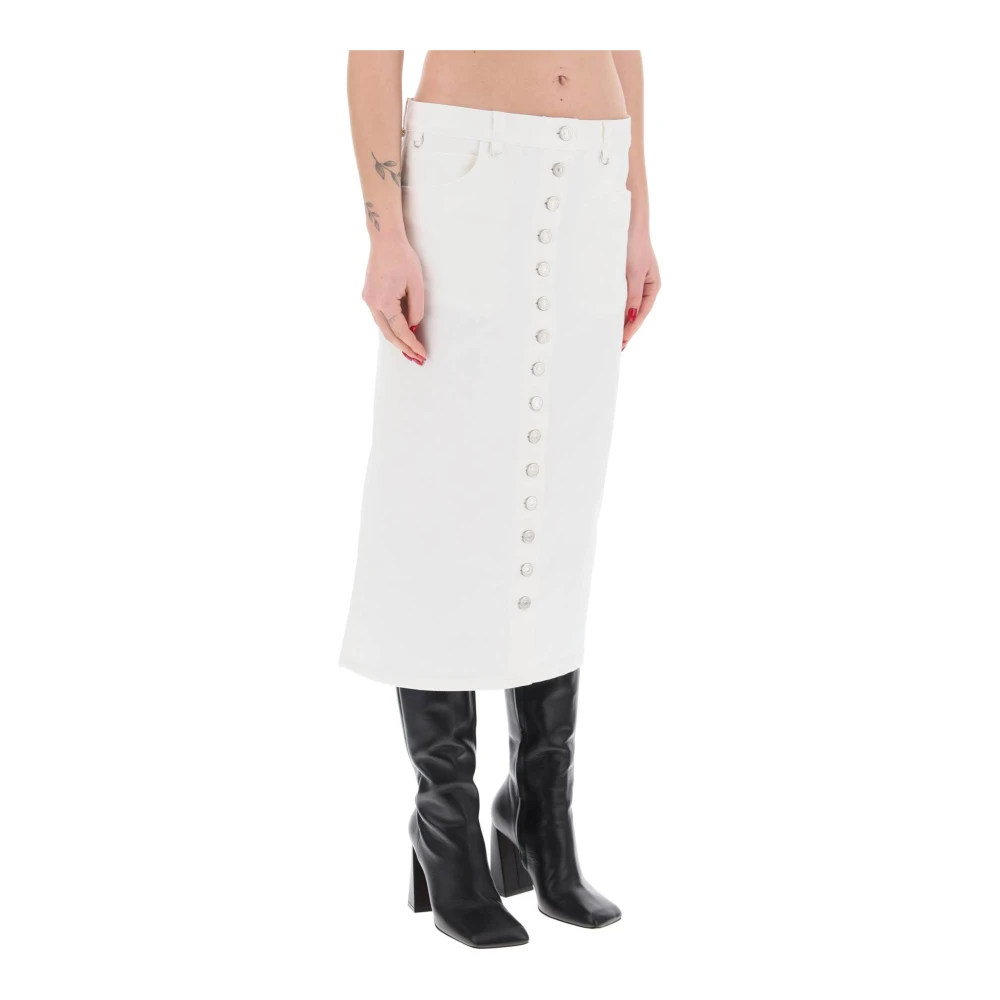 Courrèges Denim Midi Rok met Metalen Knopen White Dames