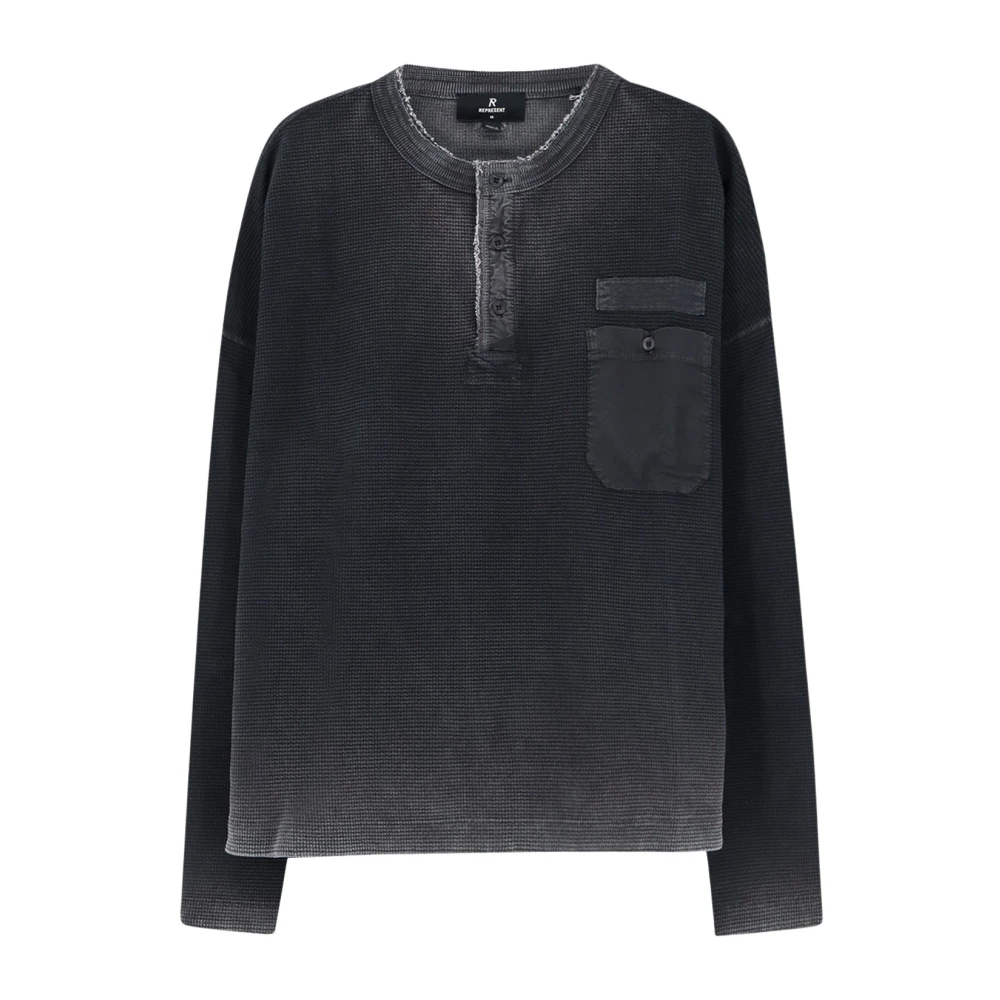 Represent , Long Sleeve T-Shirts, Male, Black, L, Crewneck Three-Button Sweatshirt