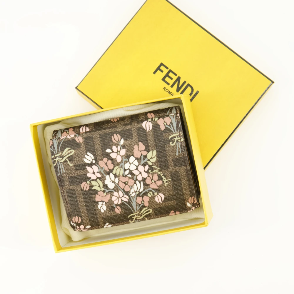 Fendi Bloemenboeket Leren Portemonnee Brown Dames