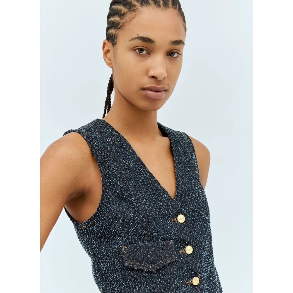 Ganni Fluffy Denim Vest met Goudkleurige Knopen Blue Dames
