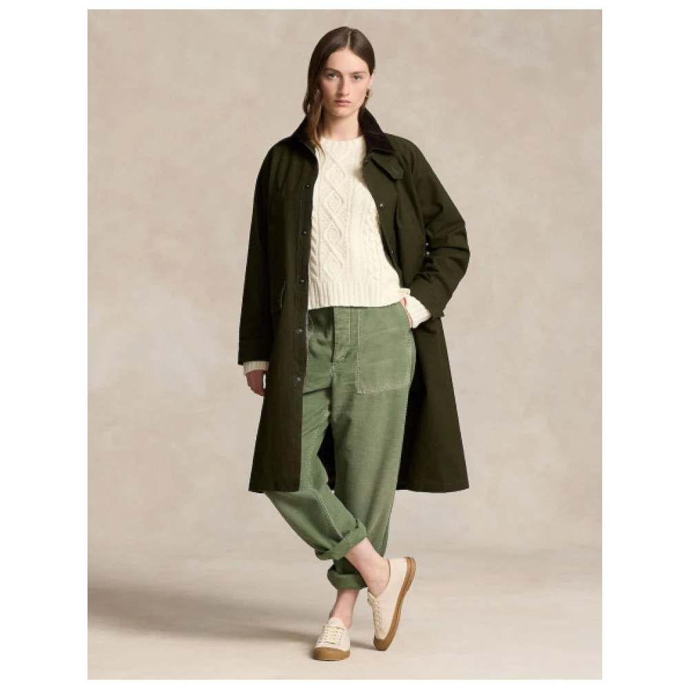 Polo Ralph Lauren Lange Katoenen Jas met Fluweel Details Green Dames