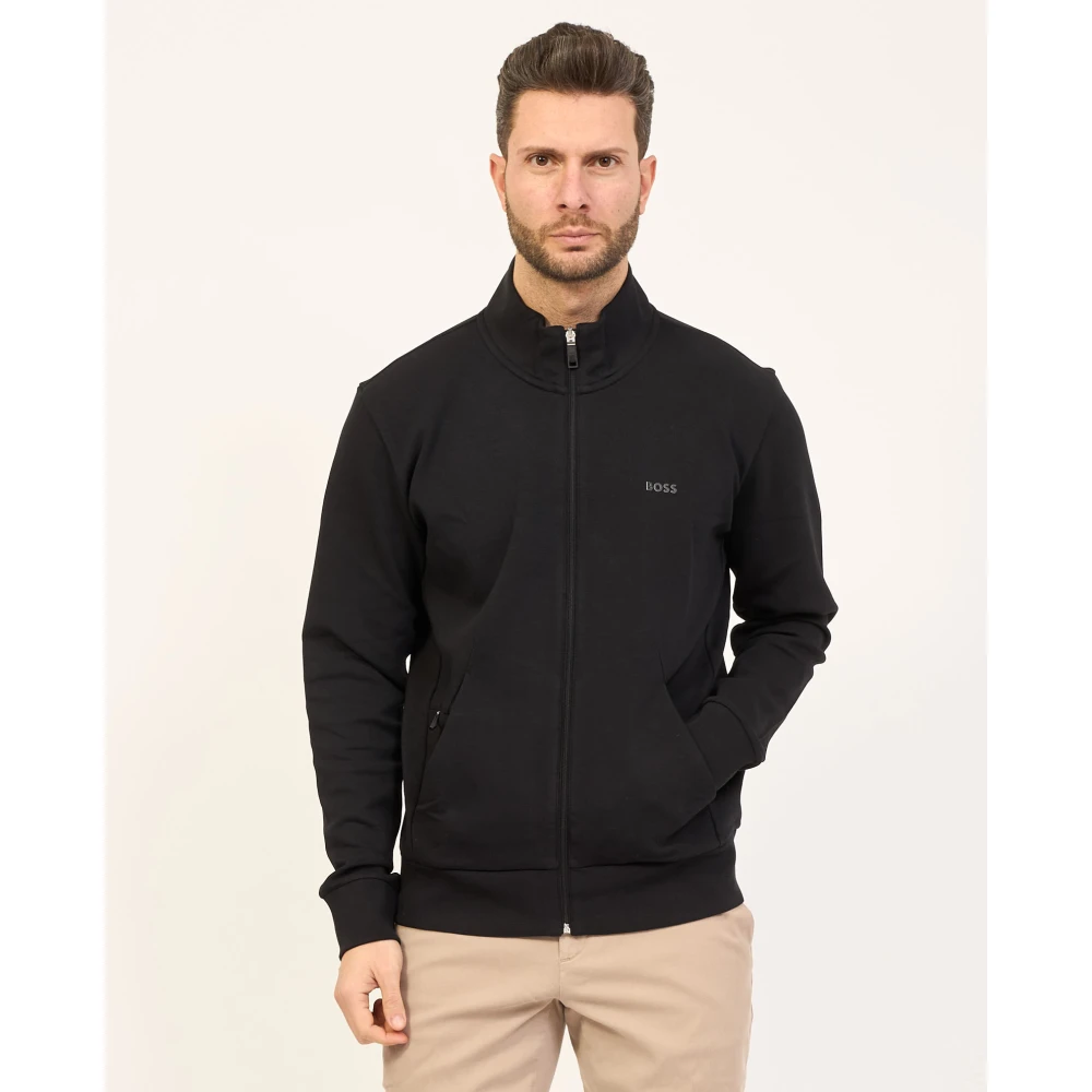 Boss Zwarte Zip-trui met Logoprint Black Heren