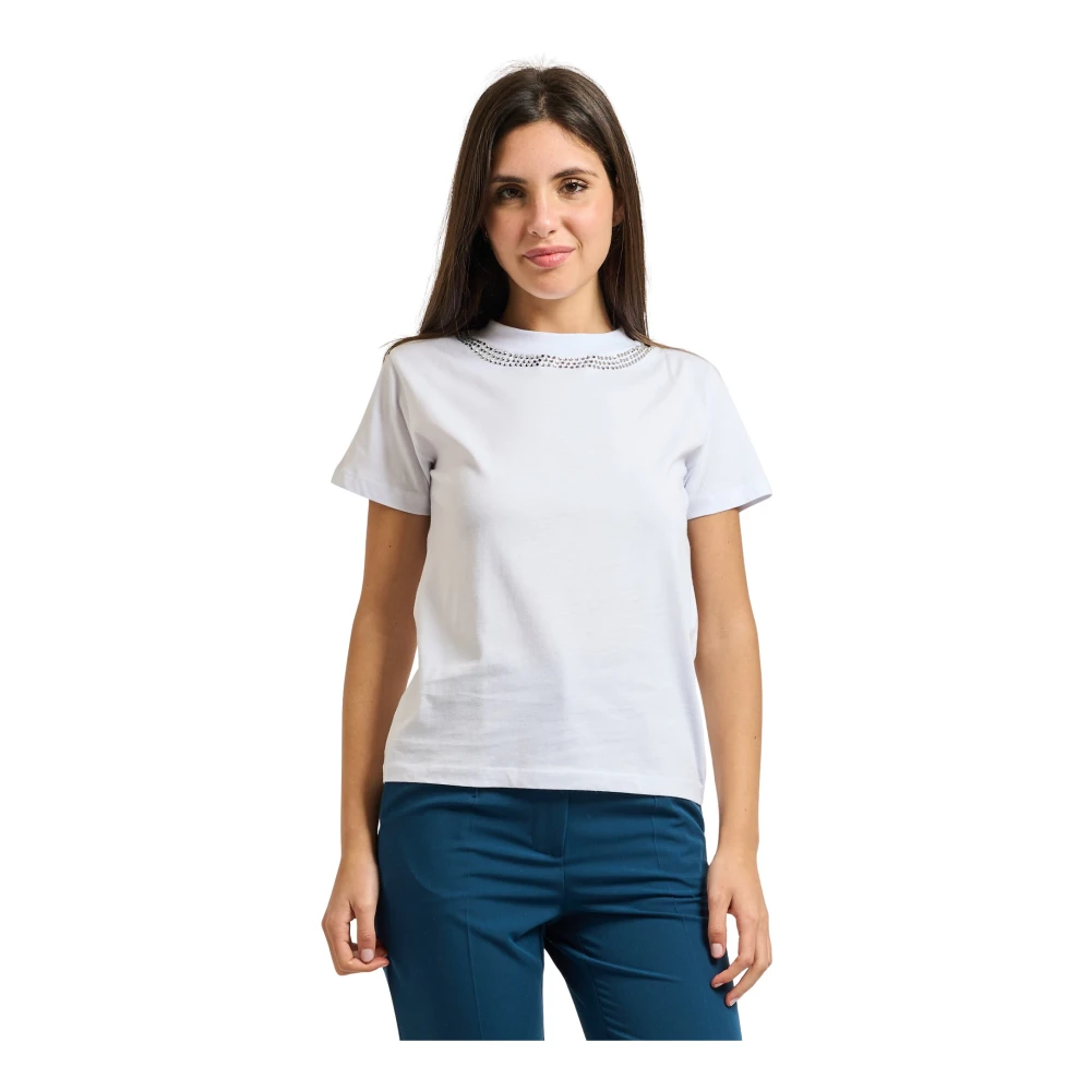 Patrizia Pepe Vrouw Wit Tops Dames, L, T-Shirt Met Juwelen Halslijn