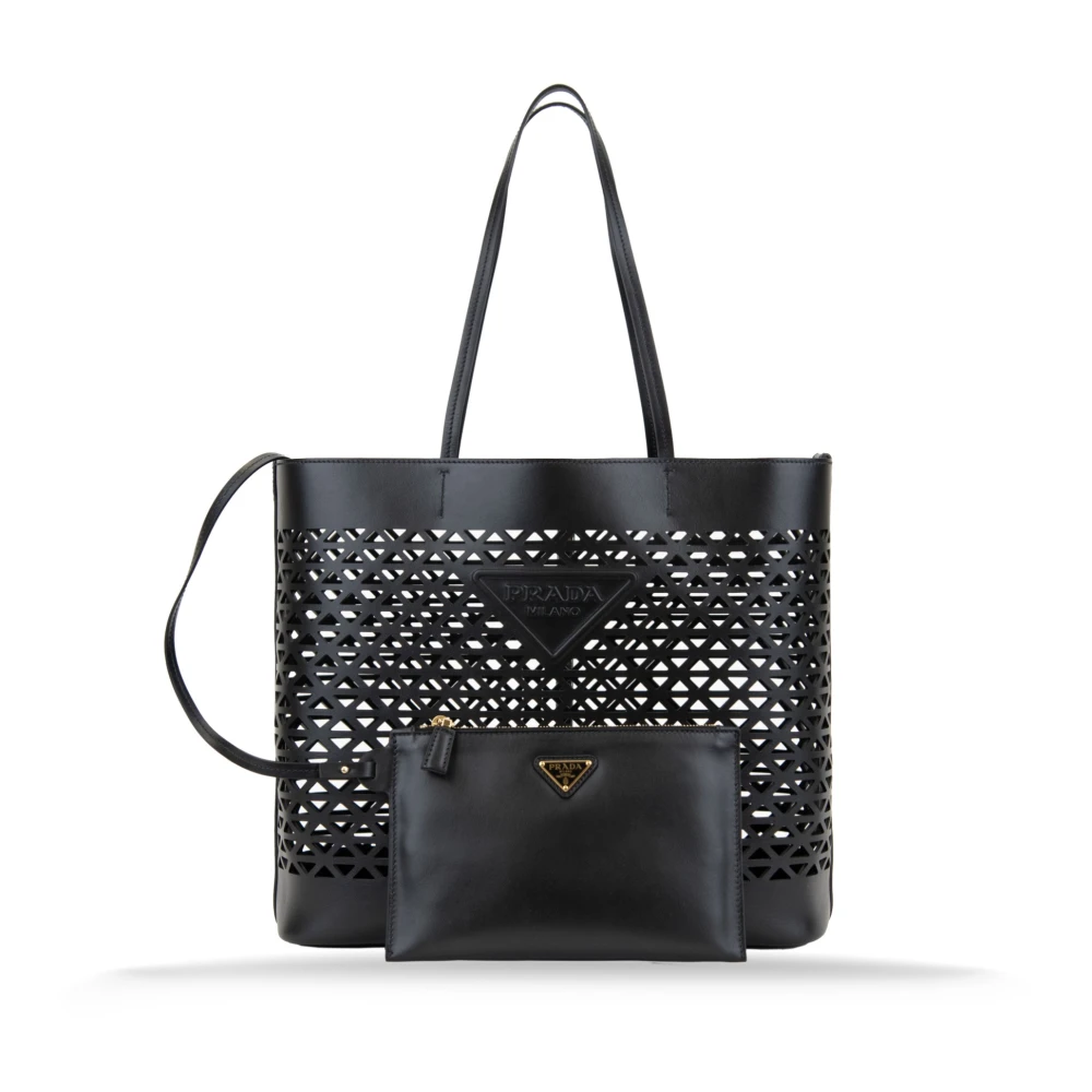 Prada Vrouw Zwart Tassen Dames, One Size, Leren Schoudertas Met Geperforeerde Driehoeken