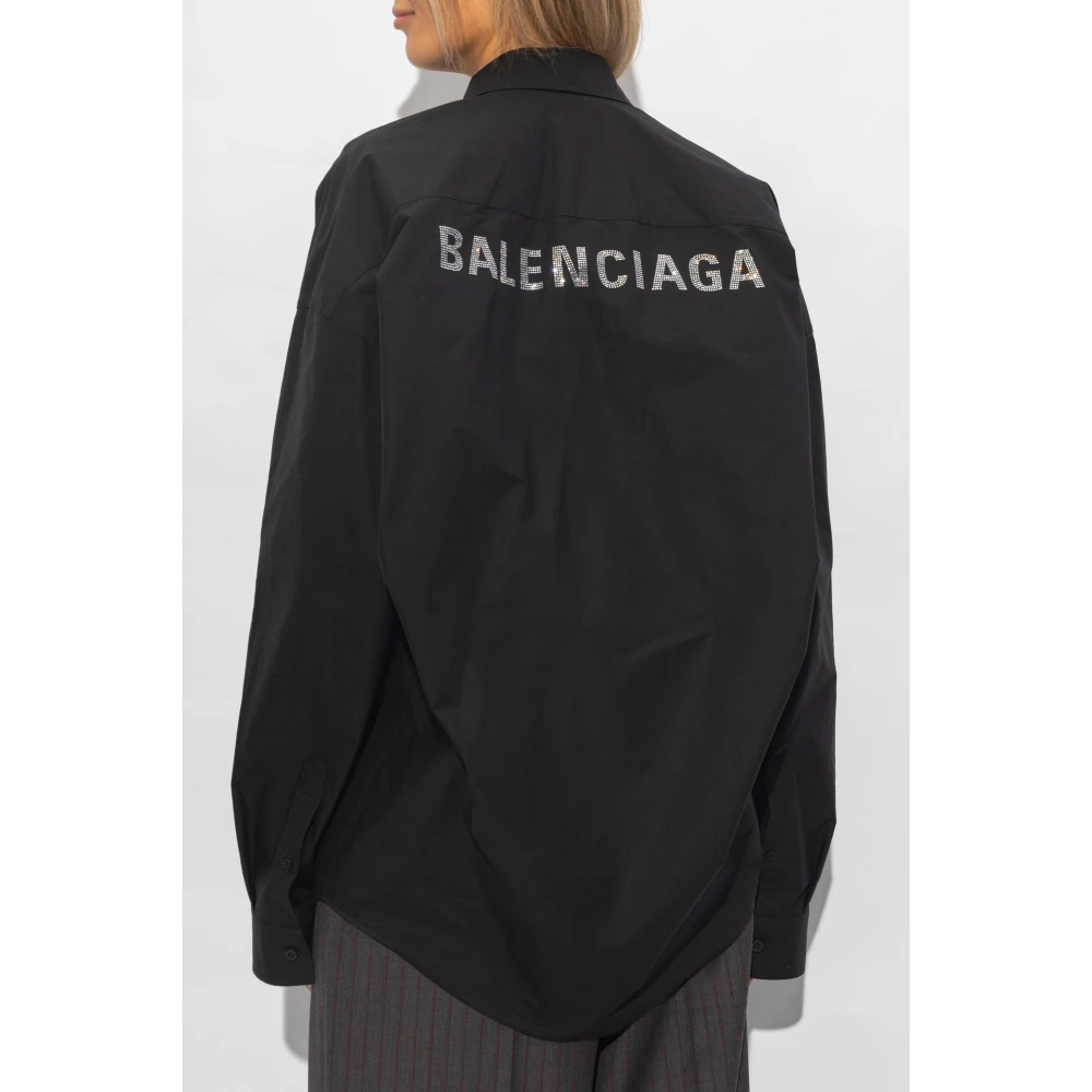 Balenciaga Katoenen shirt met kristallen logo Black Dames