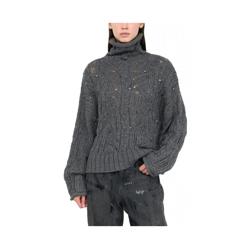 Liu Jo Vrouw Grijs Truien & Vesten Dames, S, Wol, Polo-Neck Met Edelstenen