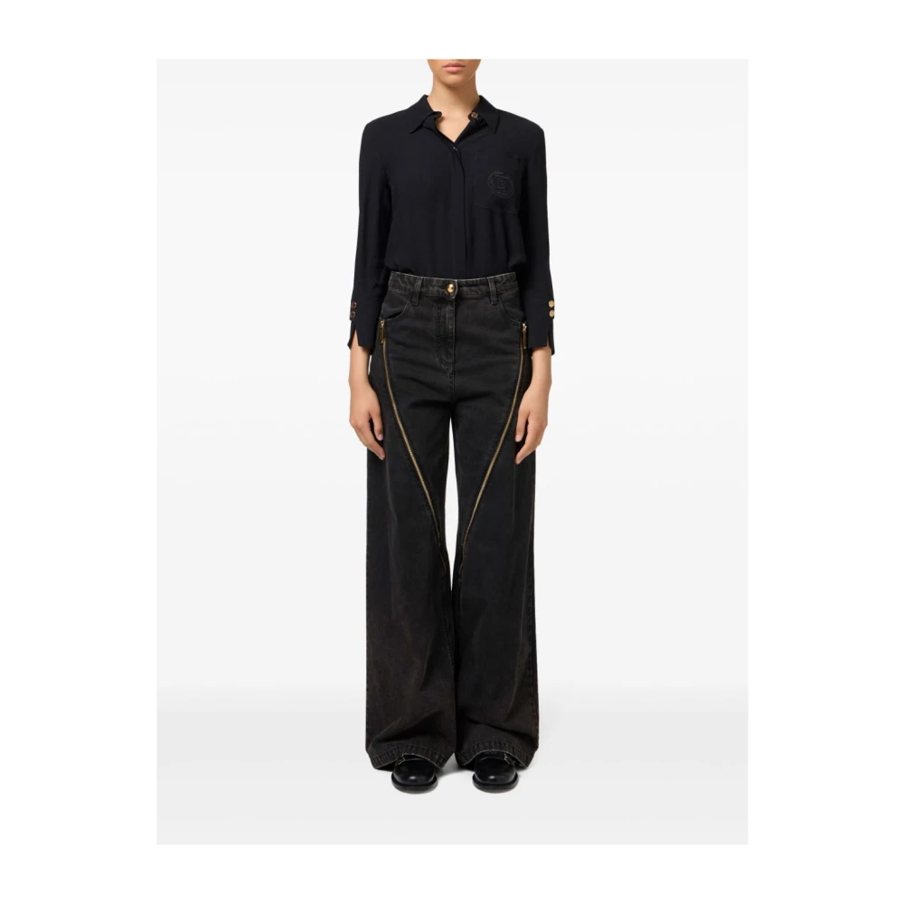 Elisabetta Franchi Zwarte Wijde Pijp Rits Voor Jeans Black Dames