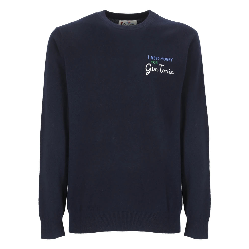 Saint Barth Blauwe Crew Neck Sweater met Money Gin Borduurwerk Blue Heren