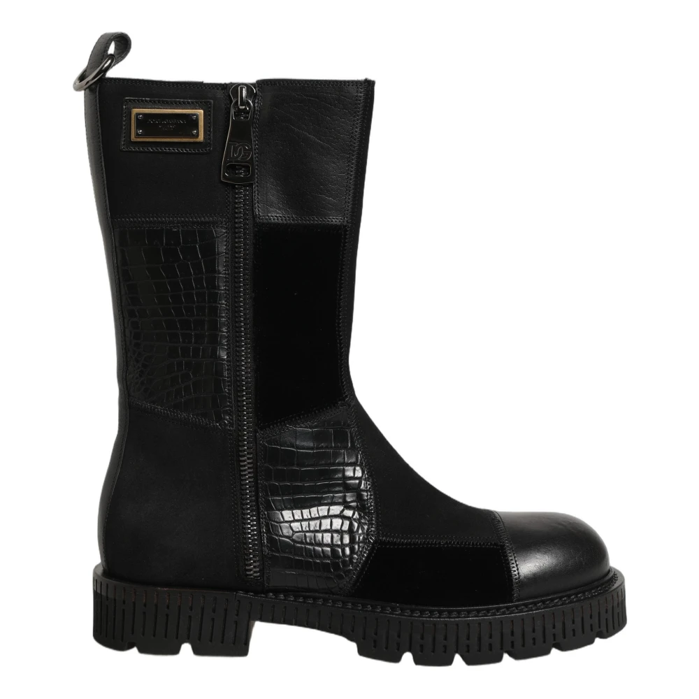 Dolce & Gabbana High Boots, Male, 5 Uk, Patchwork Leather Mid Calf Boots Black