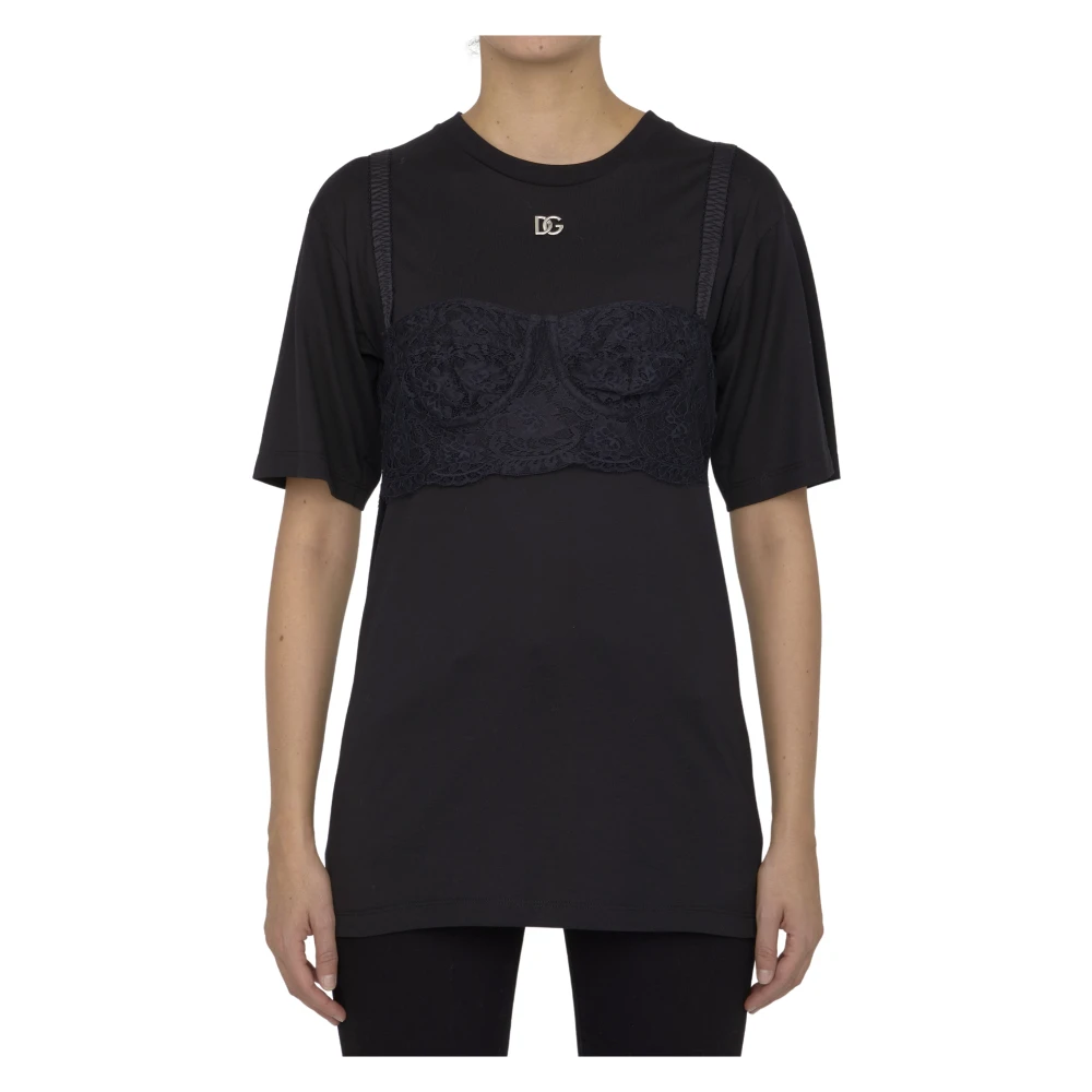 Dolce & Gabbana Zwart Kant Bralette Crewneck T-Shirt Black Dames