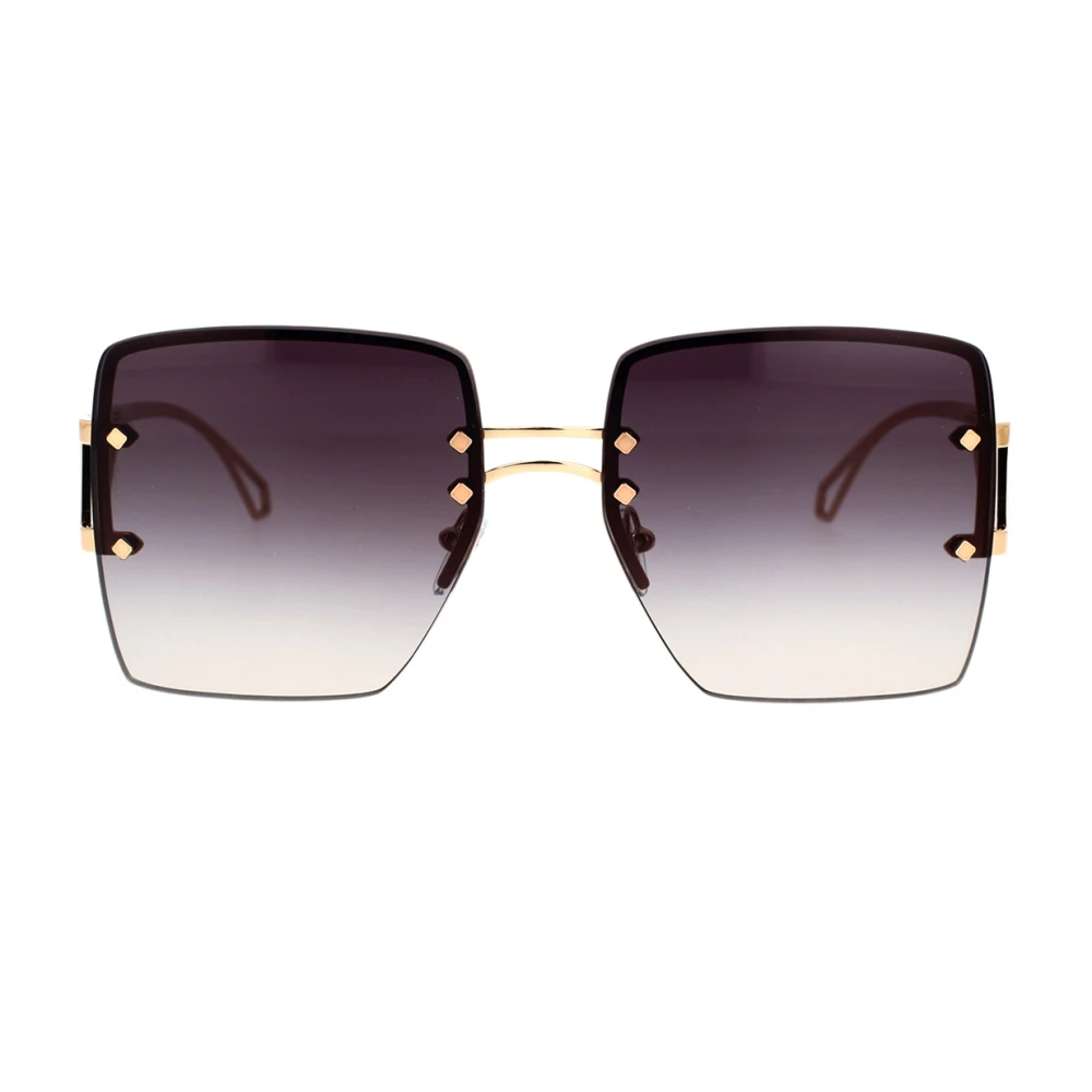 Unike firkantede solbriller i metall med roségull ramme og gråtonede linser