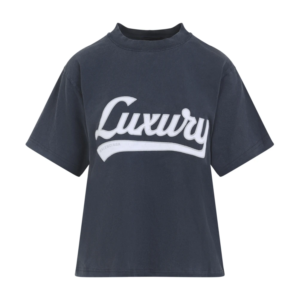 Balenciaga Women's Blue Cotton T-Shirt With Logo Patch - T-Shirts - Xs - Tops