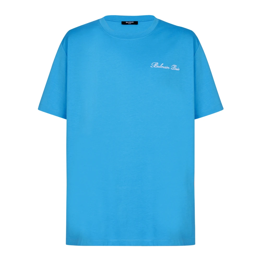 Balmain Relaxed T-shirt met Handtekeningborduursel Blue Heren