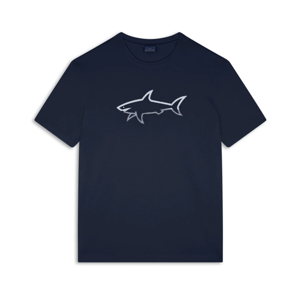 Paul & Shark , T-Shirts, Male, Blue, 2XL, Reflective Shark-Print Cotton T-Shirt