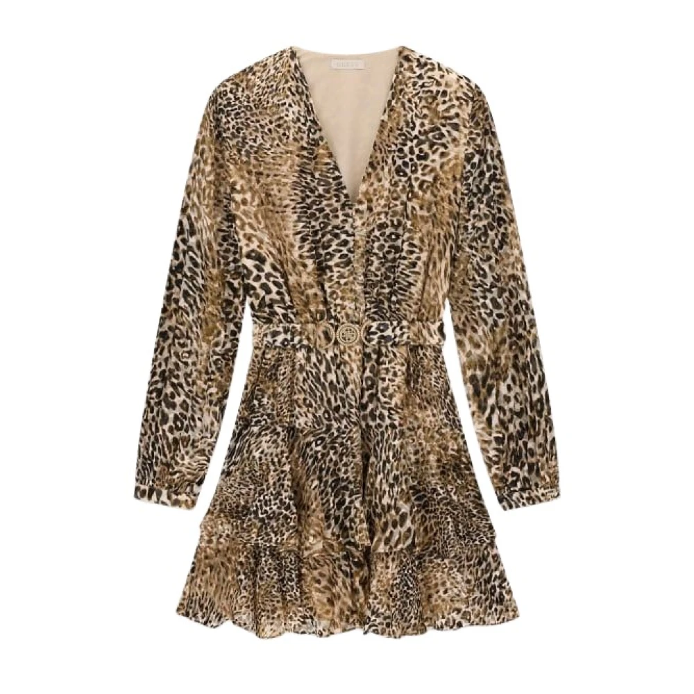 Guess Donna Marrone Per W6bk42w4225 Vestito Clarisse Svasato Con Cintura (L), Casual, Animal Print, Poliamide, Manica Lunga - Immagine 3