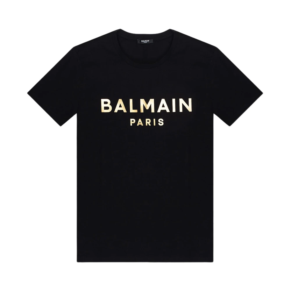 Balmain Zwarte katoenen T-shirt met gouden logo Black Heren