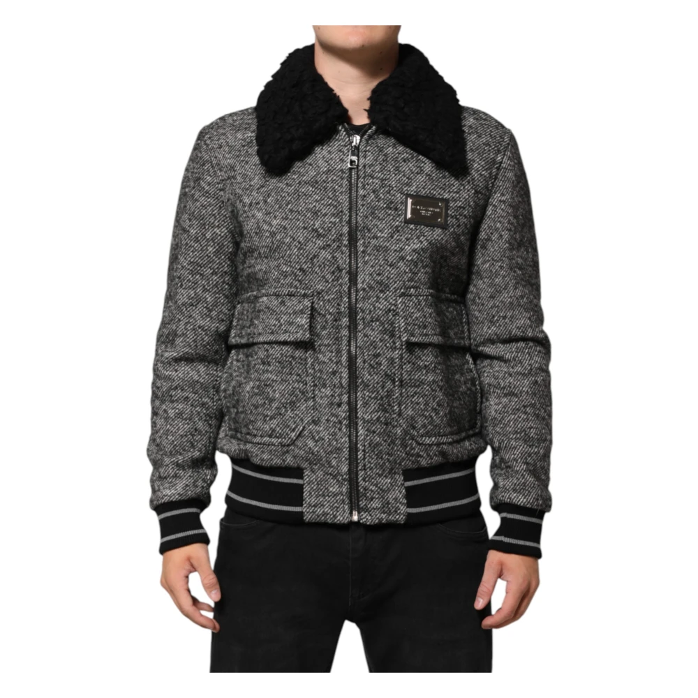 Dolce & Gabbana Men's Gray Wool Herringbone Shearling Bomber Jacket