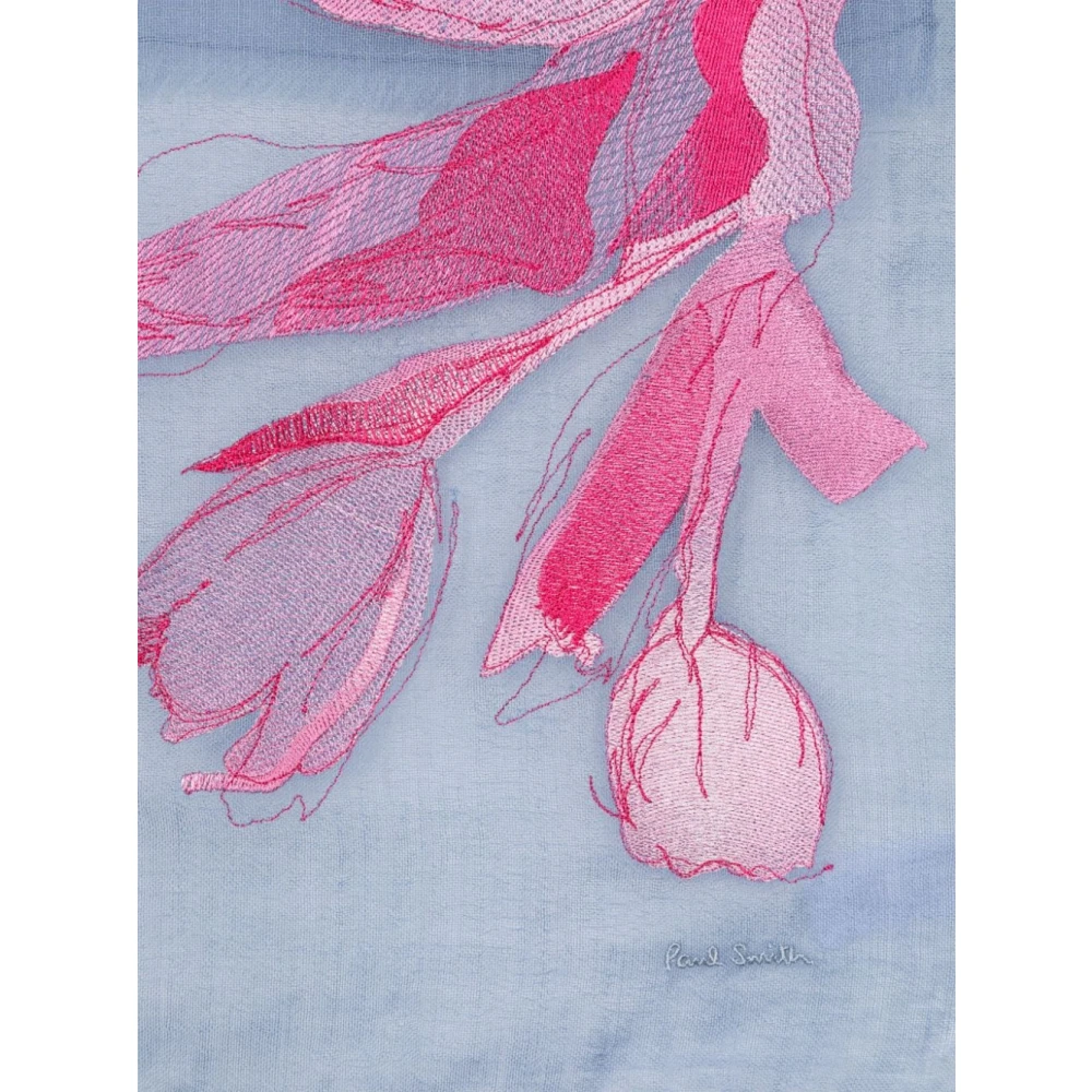 Paul Smith Blauw Roze Wol Sjaal met Bloemenborduursel Blue Dames