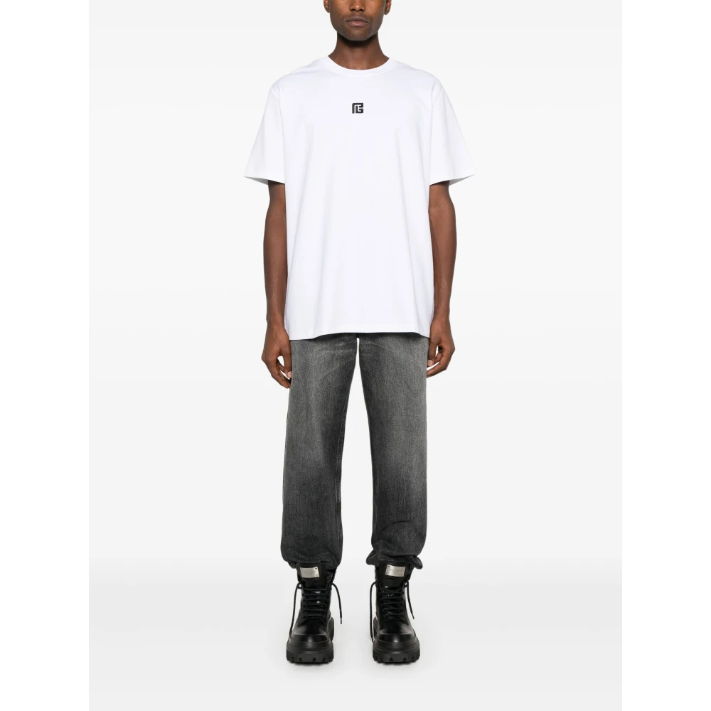 Balmain Wit PB Logo Geborduurd T-Shirt White Heren