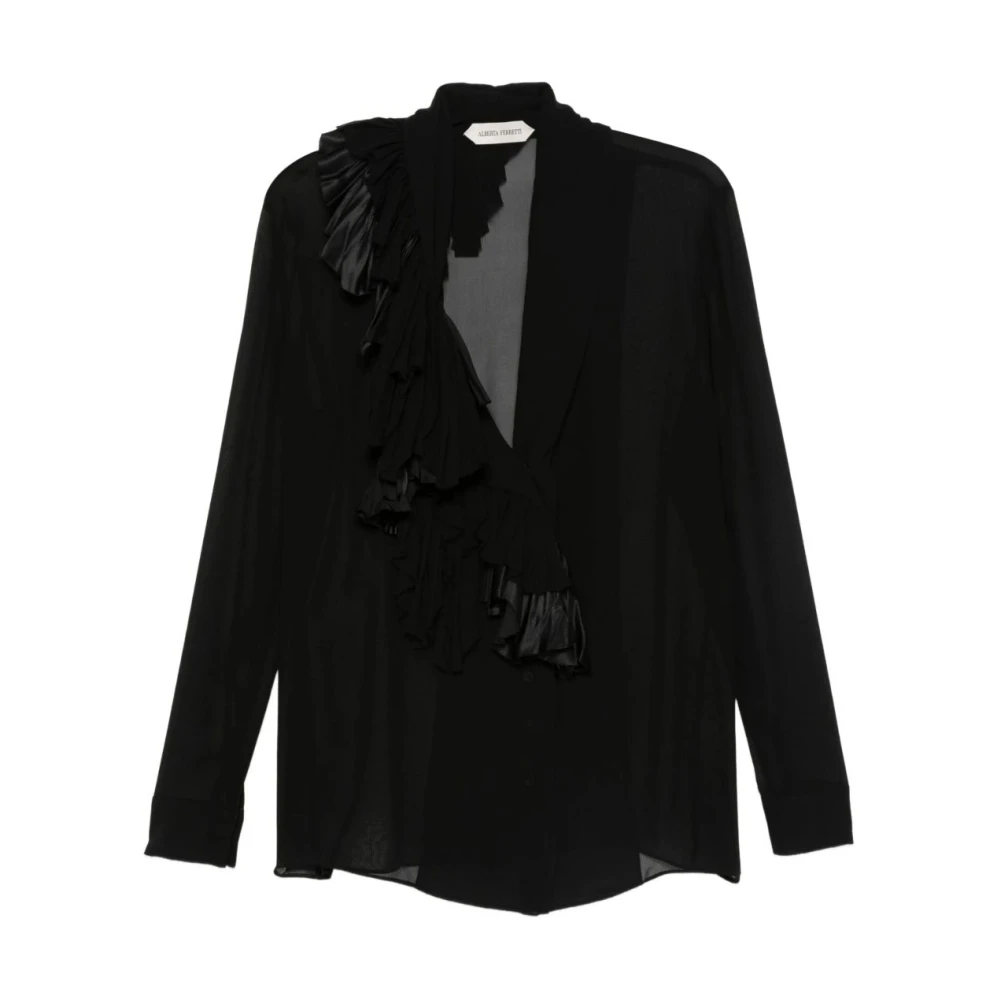 Alberta Ferretti Donna Nero - Blusa In Georgette Di Seta Con Volant - Blouses & Shirts - M