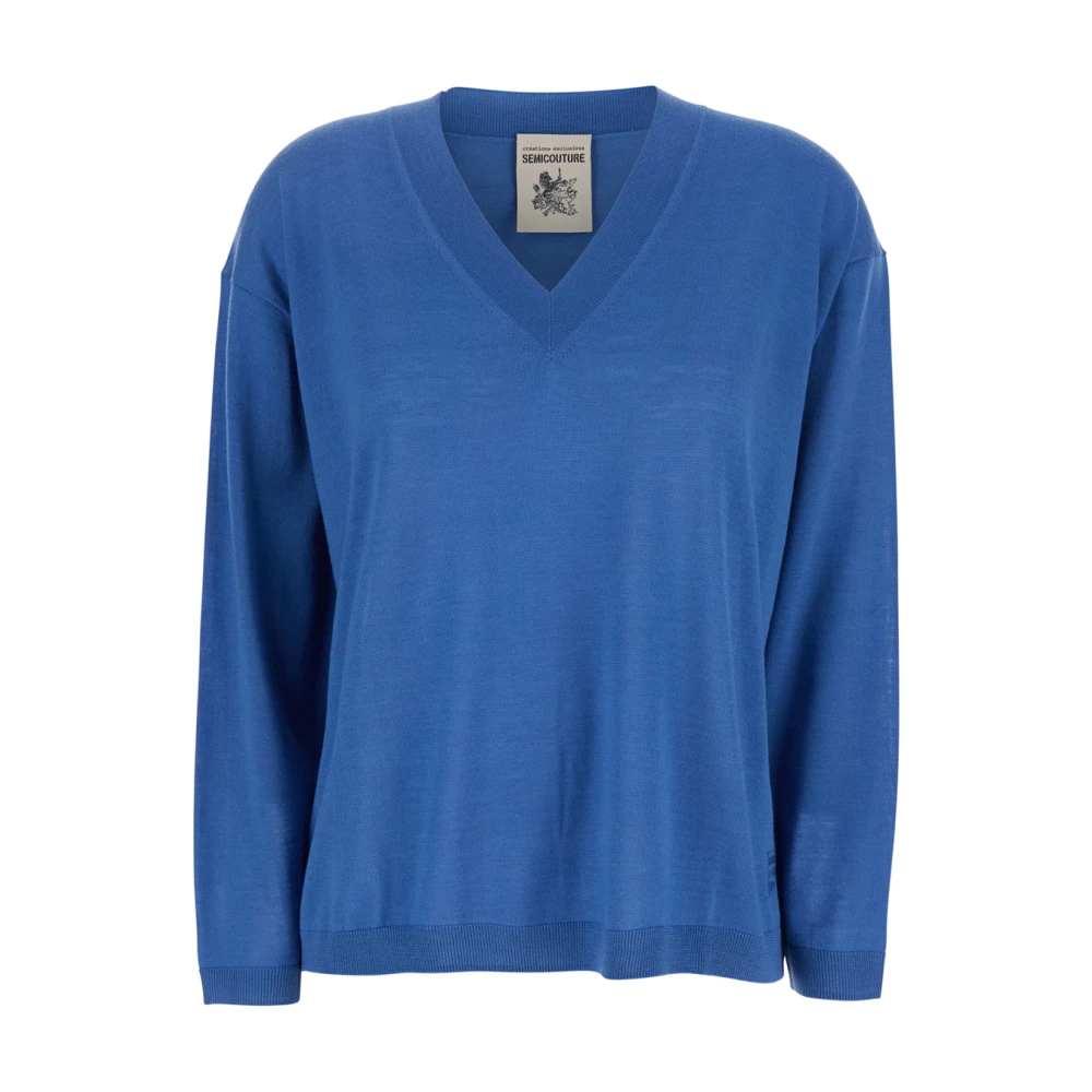 Semicouture Witte V-hals Logo Geborduurde Trui White Dames