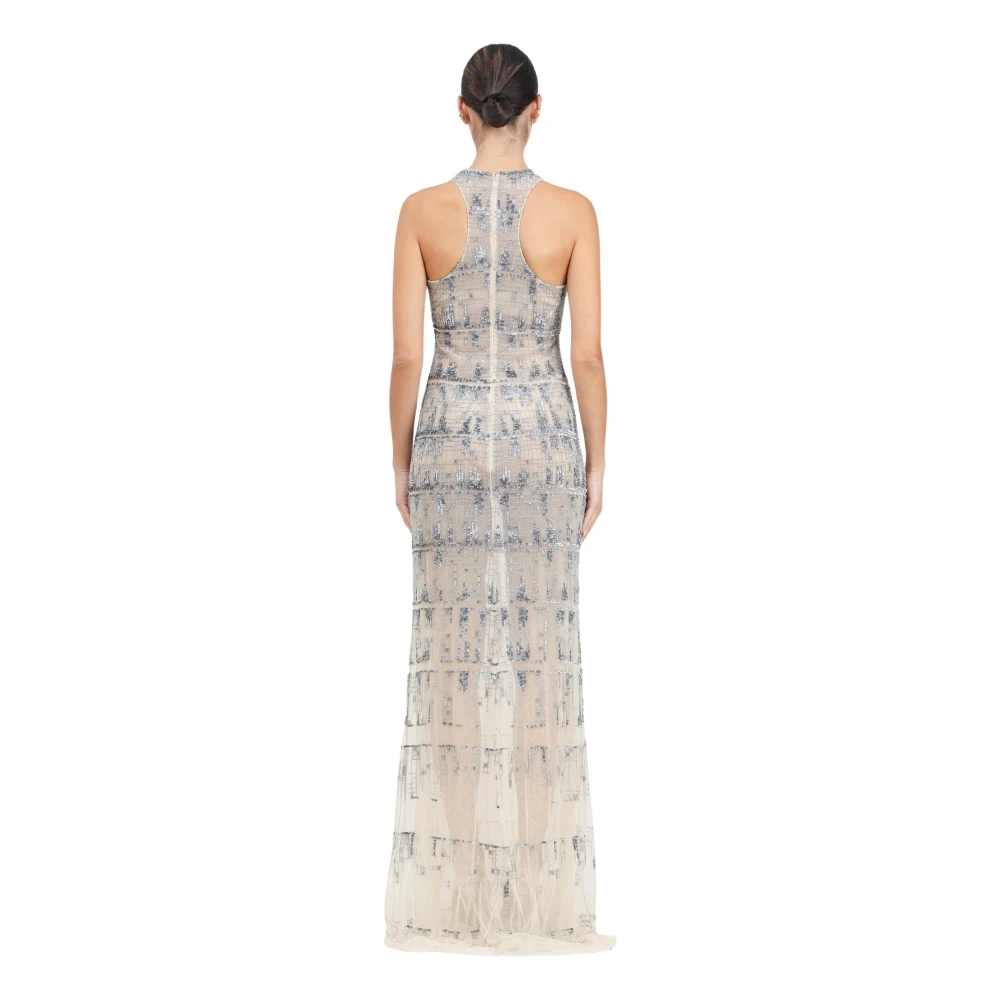 Elisabetta Franchi Pixel Effect Lange Wijd Uitlopende Jurk Gray Dames