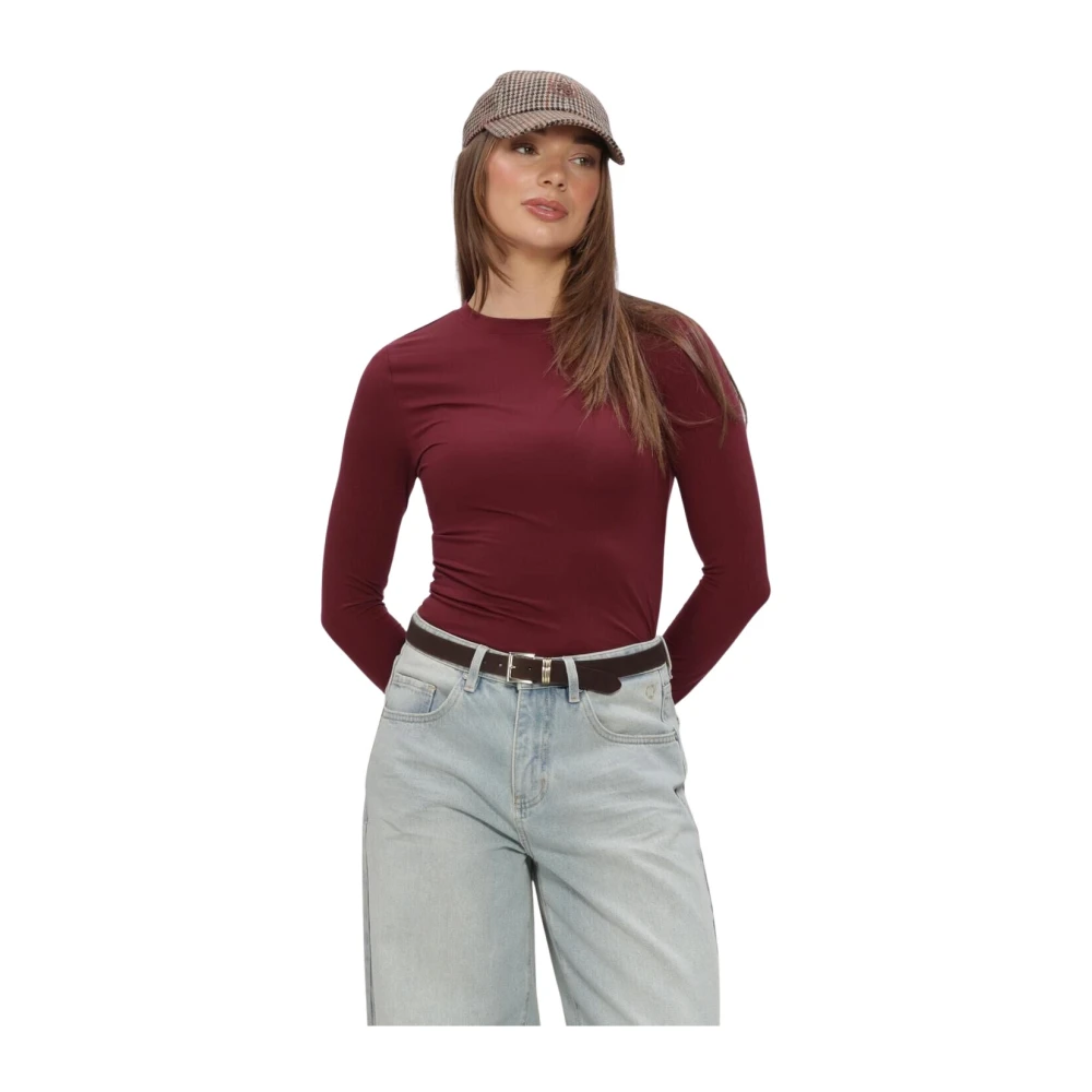 Selected Damen Rot Manja Leder Slim Fit Oberteil Mit Rundhalsausschnitt, Langärmelig, Stretch, In - Bild 3