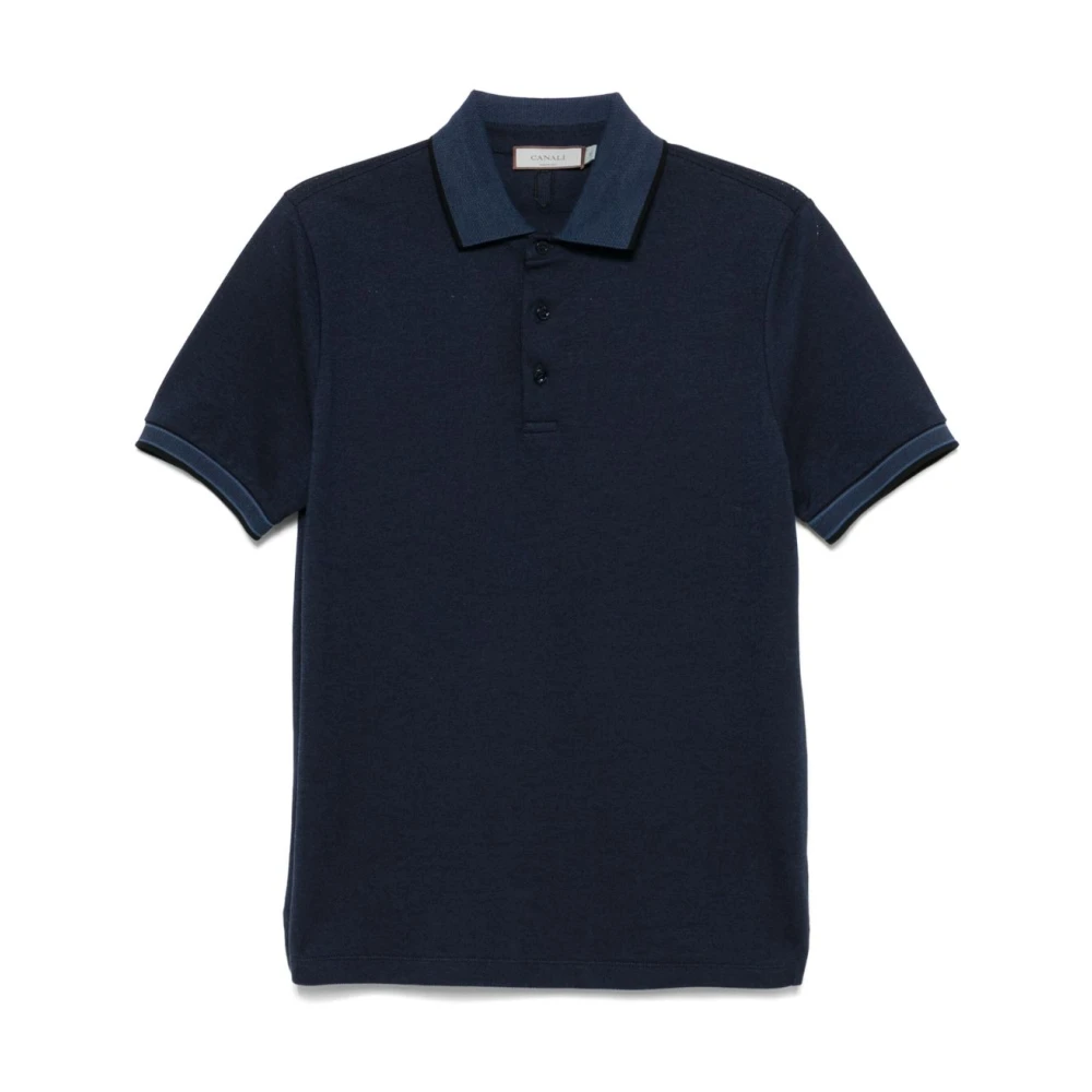 Canali Navy Blauw Gestreepte Korte Mouw Polo Blue Heren